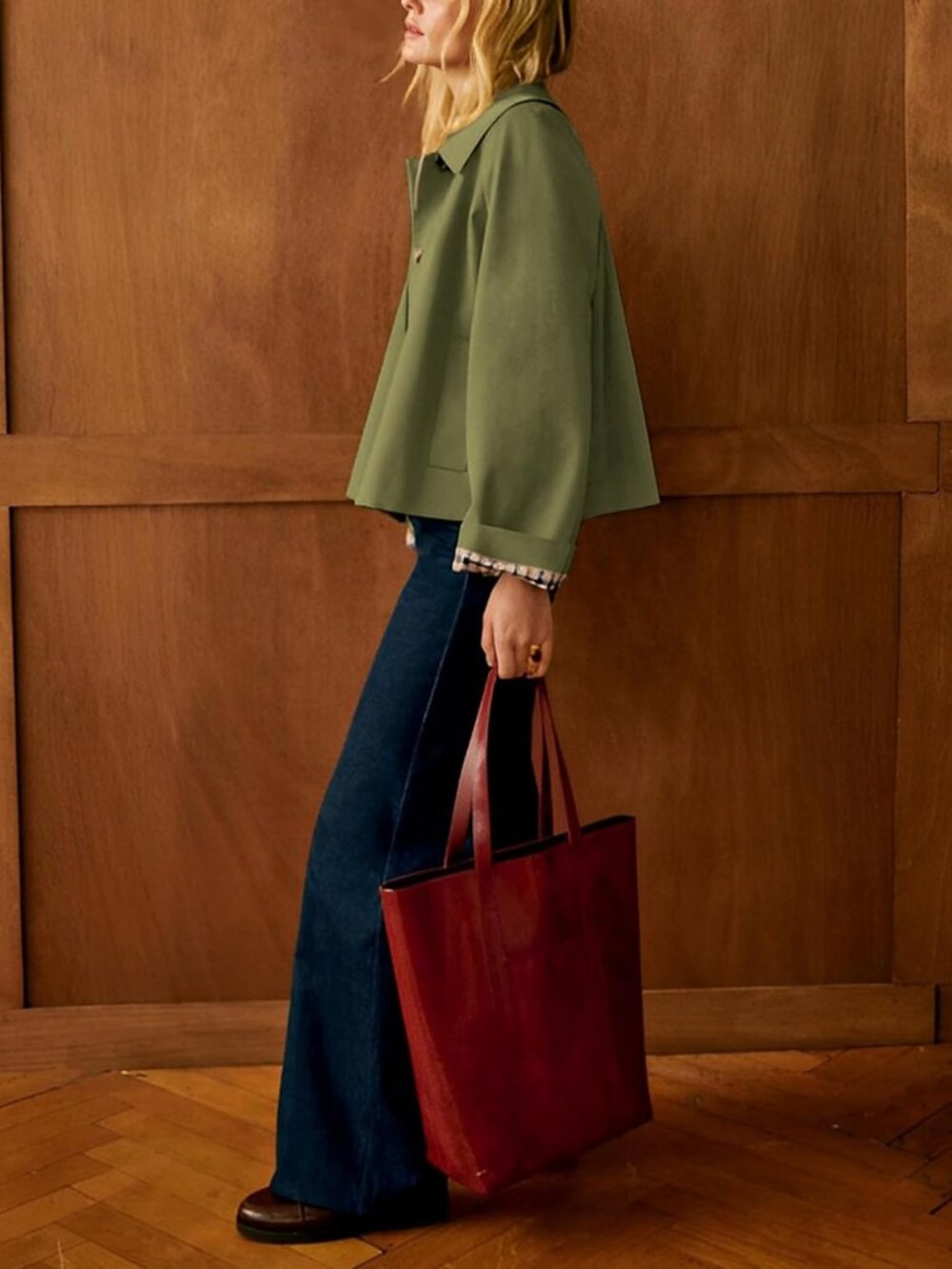 Women's Short Trench Jacket Plaid Lining Button Front with Pockets Olive Green - Picture 4 of 6